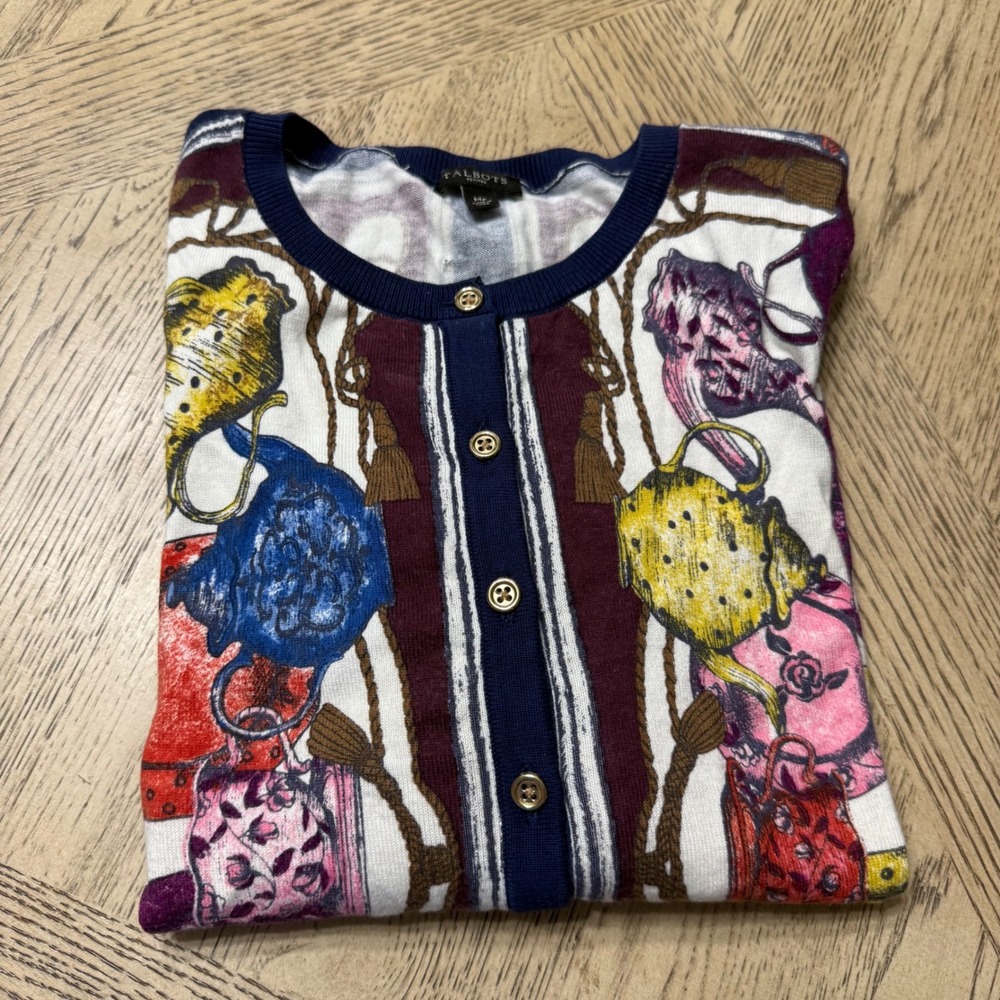 Talbots Petite Medium Multicolor Teapots Cotton Blend Knit Cardigan Sweater